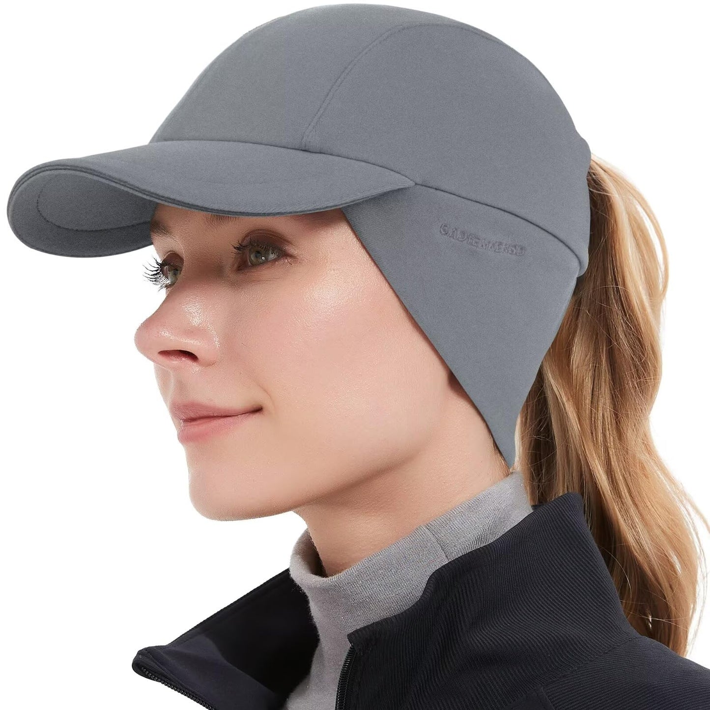 GADIEMKENSD Winter Fleece Hats Reflective Ponytail Hat for Women Ball Caps with Earflap Drop Down Ear Warmer Mens Skull Cap Beanie with Visor Cold Hat for Outdoor Hiking Running Snow Ski Light Gray