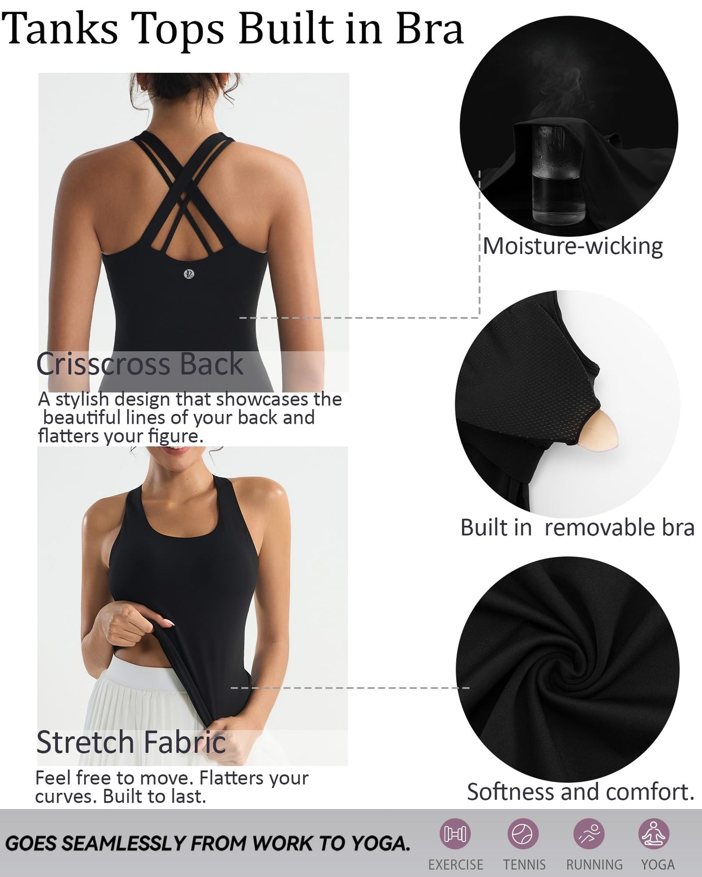 RUNNING GIRL Tank top with Built in Bra for Women,Compression Shirts Crisscross Back Workout Yoga Tops(BX3141_Black_M)