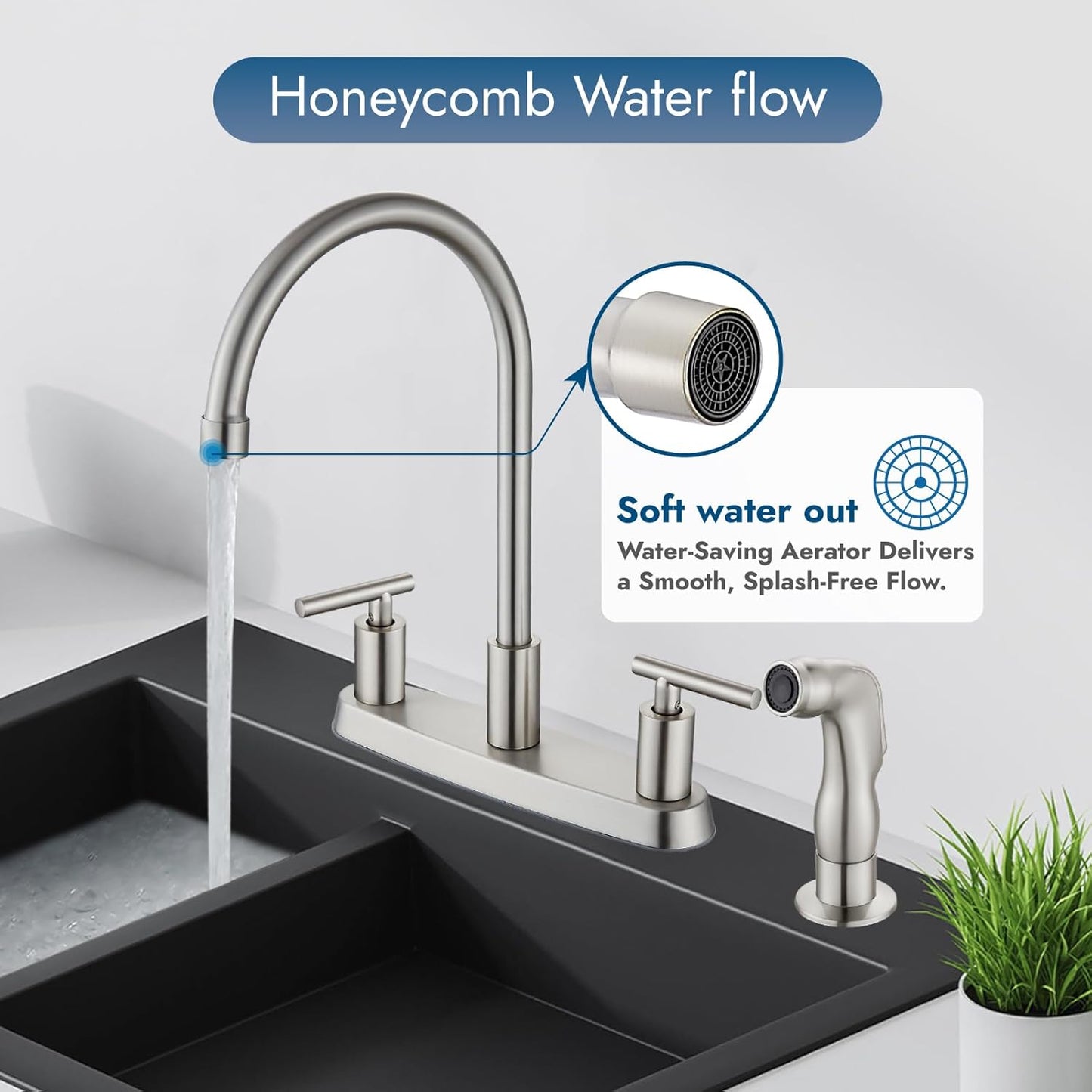 Brushed Nickel Kitchen Faucet with 360° Rotating Spout & Side Sprayer - 2 Handle, 8 Inch Centerset