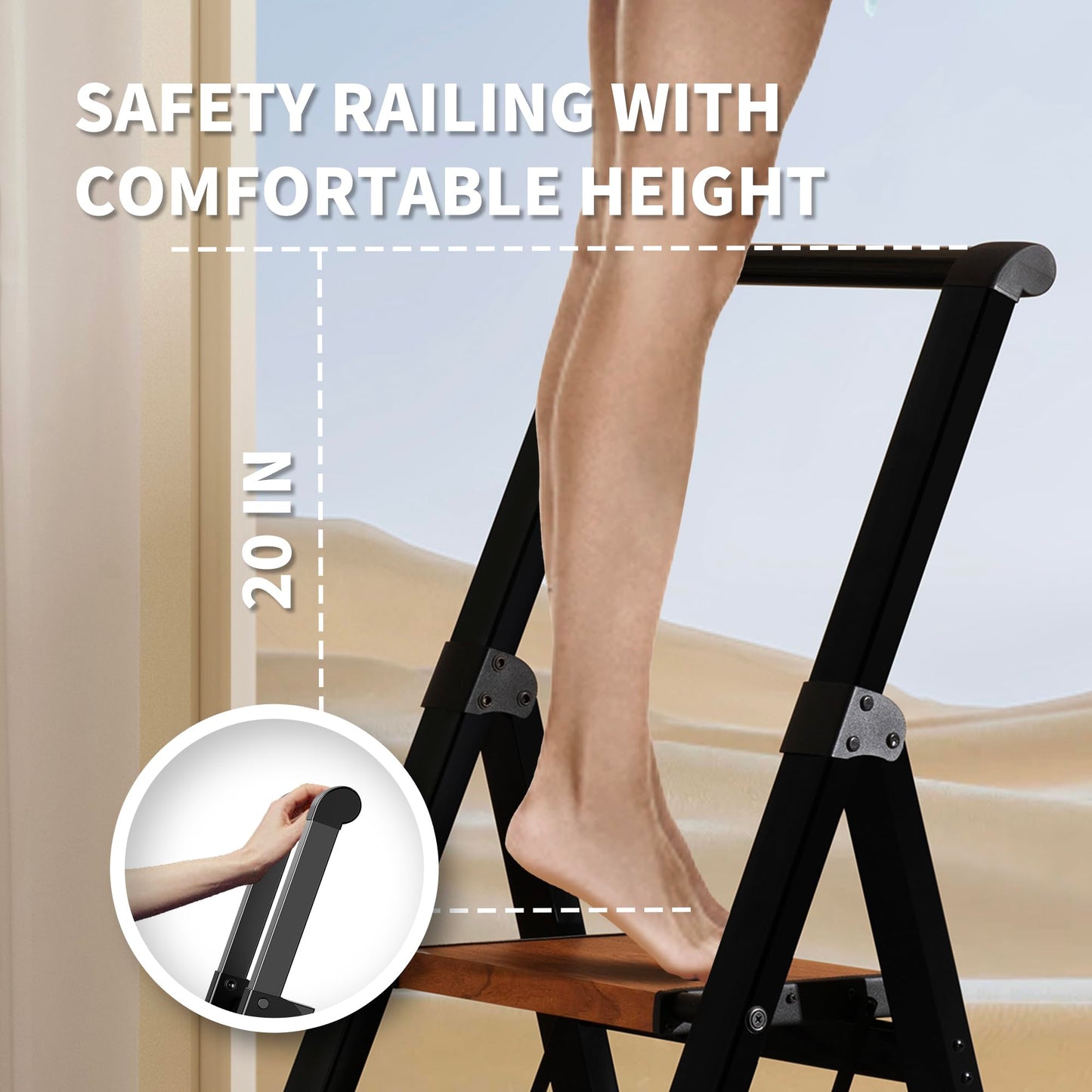 BEFITMACE 3 Step Ladder,Folding Step Stool with Aluminum Wide Pedal& Convenient Handgrip,330lbs Capacity Steel Ladder for Household and Office(Woodgrain)