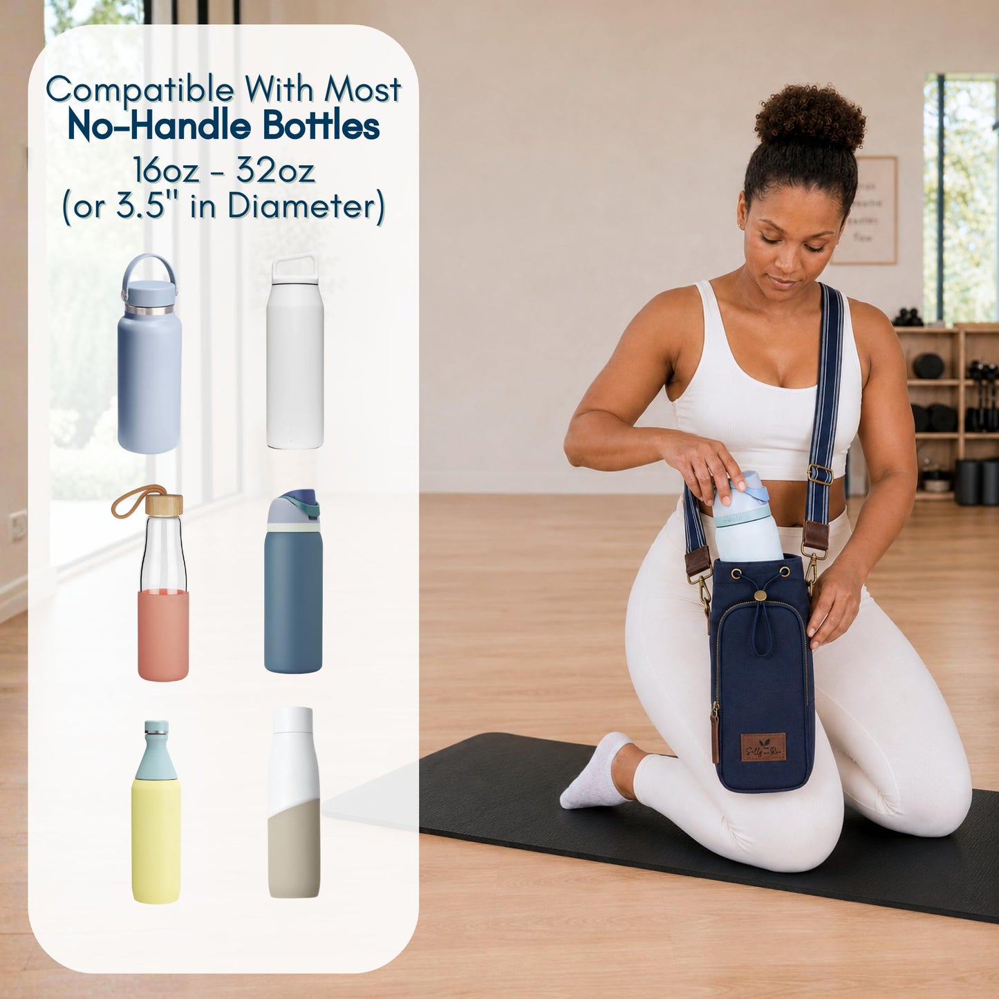 Solly and Rue Water Bottle Holder with Strap & Pocket – Crossbody Navy Water Bottle Carrier - Genuine Leather & Durable Cotton Canvas – Fits 16 to 32 oz Bottles – Ideal For Travel & Outdoor Use