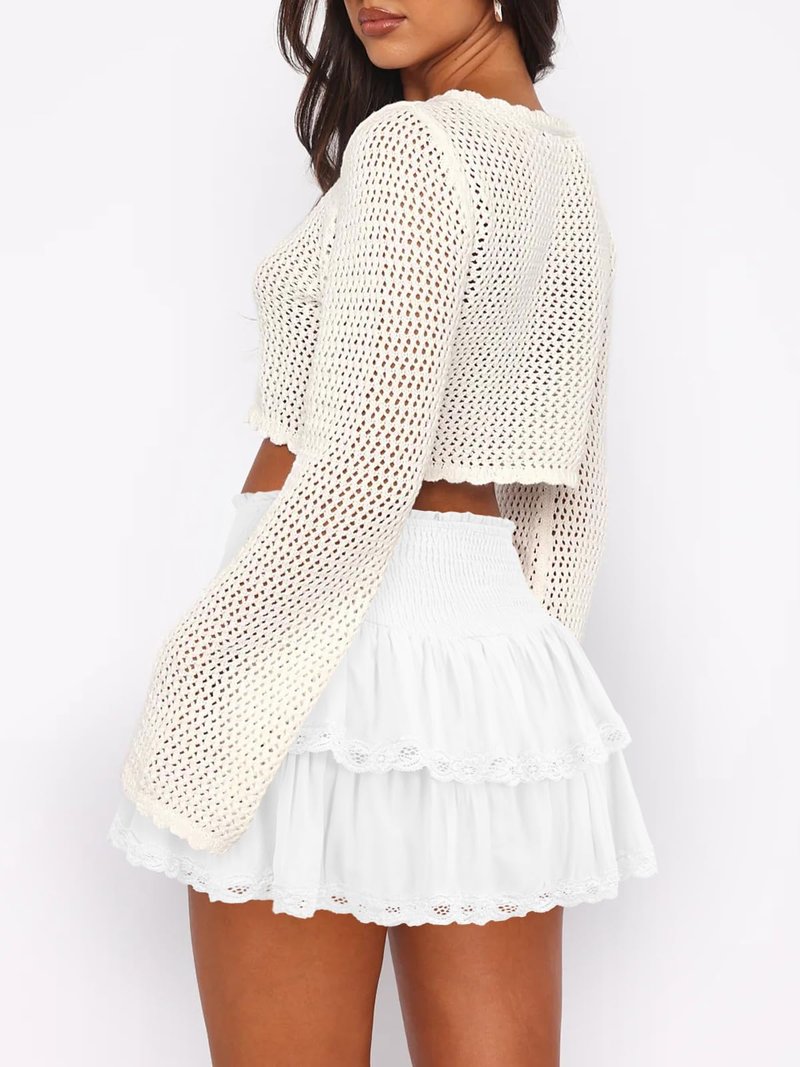 Pungdra Womens Casual Ruffle Mini Skirt Athletic Golf Tennis Skort Boho Tiered High Waist Layered Ruffle Lace Hem Flowy Short Skirts White Medium