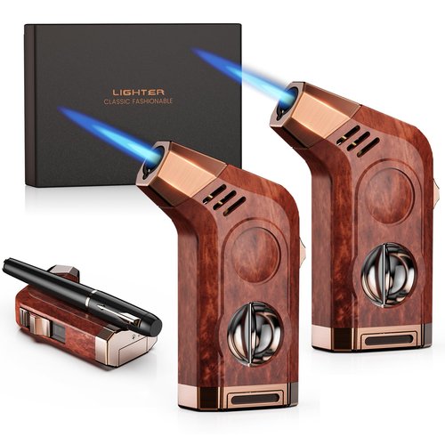 2-Pack Torch Lighter with Windproof Jet Flame, Holder, Built-in Cutter, All-in-one Lighter Accessories, Lighters for Men with Gift Box, Refillable Butane Lighter for Candle, Outdoors