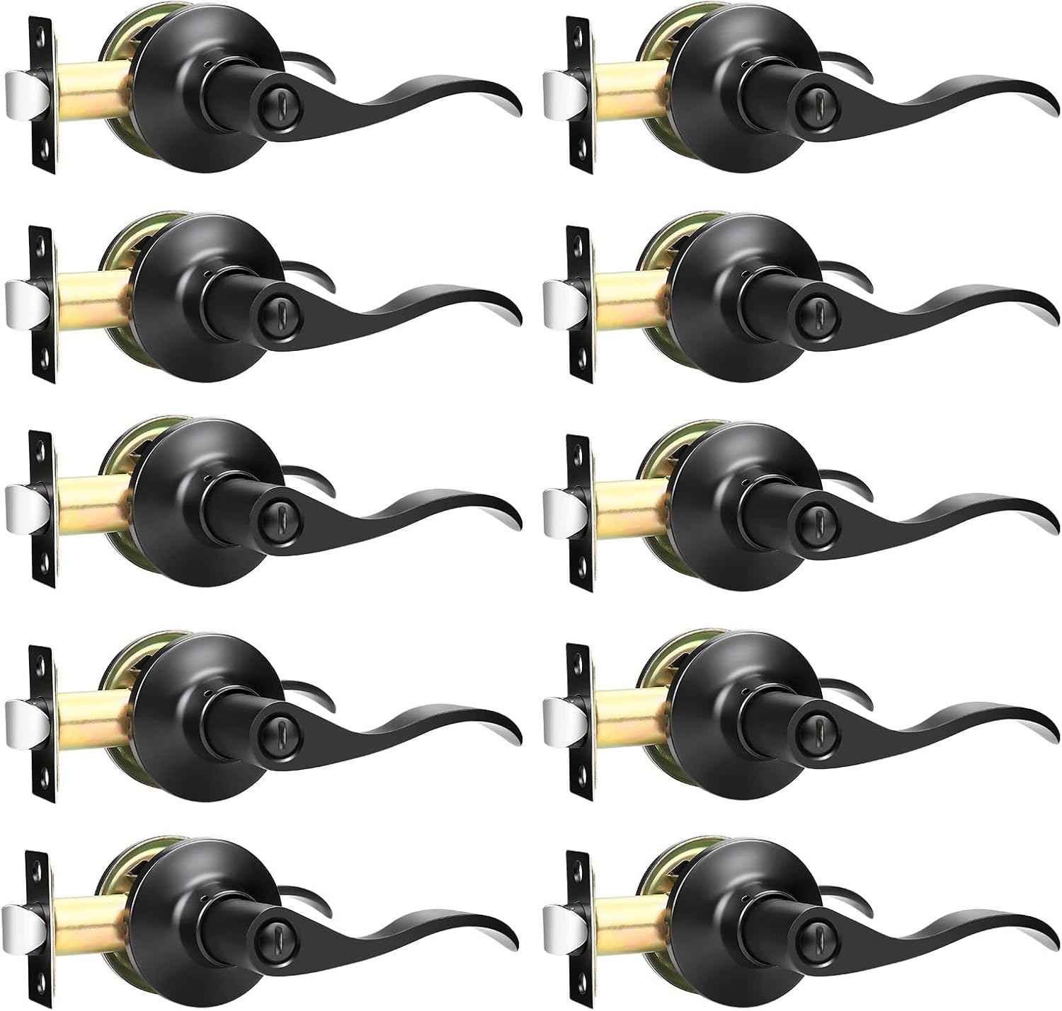 Black Privacy Door Levers - 6 Pack Keyless Modern Wave Handles for Bedrooms
