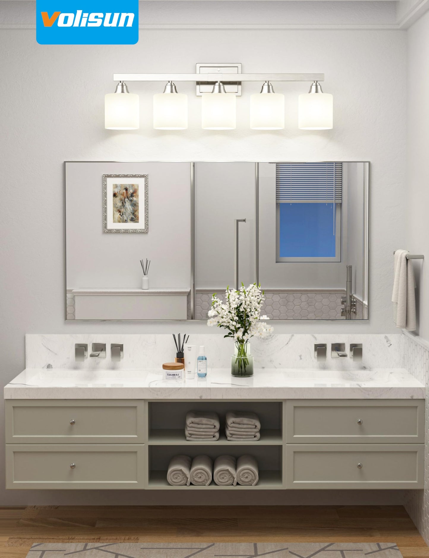 VOLISUN Brushed Nickel Bathroom Light Fixtures, 5-Light Bathroom Vanity Lights Over Mirror, Modern Vanity Light for Bathrooms, Bathrooms Lights Fixtures Over Mirror with Milky White Glass Shades