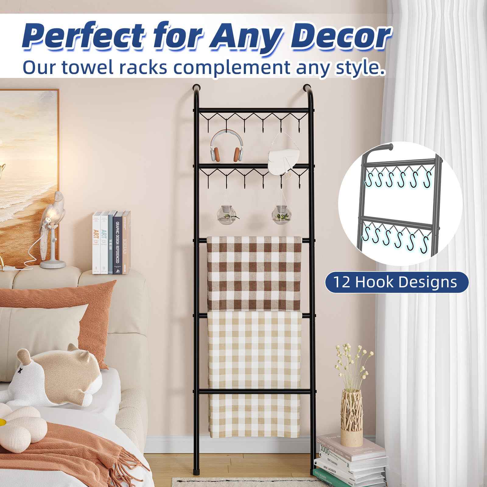 Simple Trending Blanket Ladder，5 Tier Metal Towel Rack with 12 Hooks, 79'' Metal Style Decorative Ladder for The Living Room Bedroom Bathroom Home Decor, Black