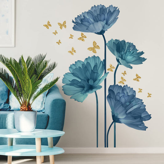 Runtoo Large Blue Flower Wall Decals Butterfly Floral Wall Stickers Backdrop for Living Room Bedroom Bathroom Wall Decor