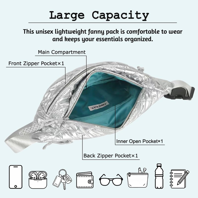 TWO KAT Metallic Quilted Chest Fanny Pack Crossbody Bag with Multi Pockets & Adjustable Strap, Fashionable Men Women Sling Backpack, Casual Waist Belt bag (Silver with Teal Lining, Medium)