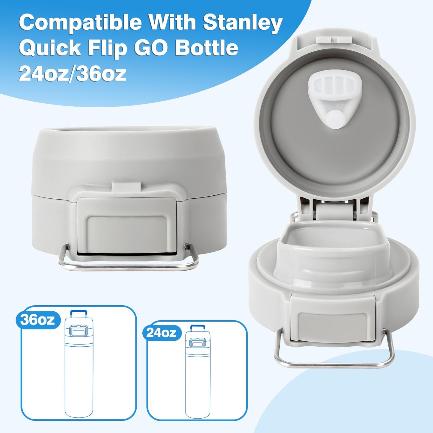 Lid Replacement for Stanley Quick Flip GO, Cover Cap for Stanley 24oz/36oz, BPA-Free Push Button, Leakproof Lid with Carry Loop for Travel/Sports, No Spill Reuse Top for StanleyAccessories, Gray