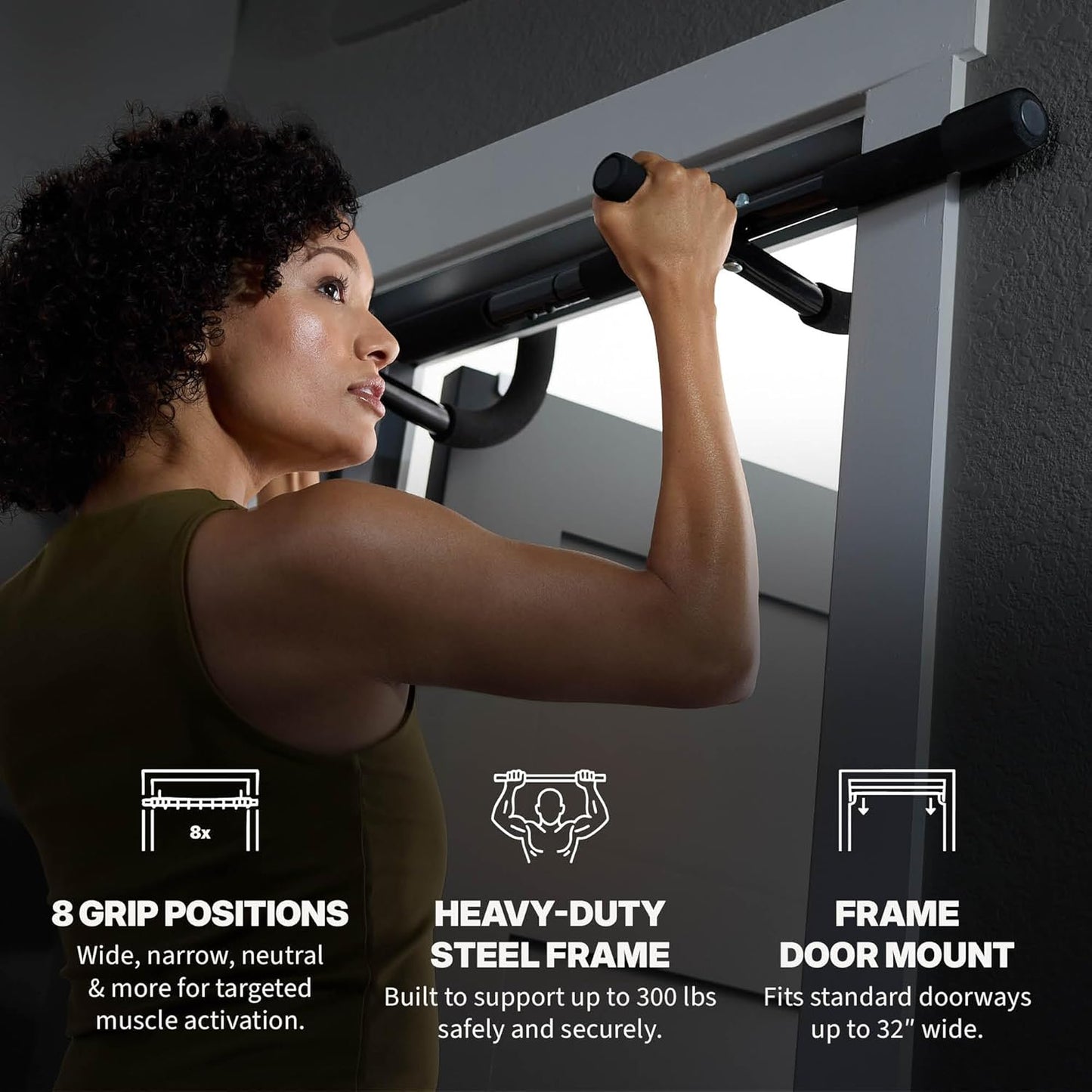 SPRI Pull Up Bar - Versatile 8-Grip & 12-Grip Door Frame Mounting - Rugged Steel, Foam Handles, 300 lb Support - Fits Up to 32 in. Wide - Black