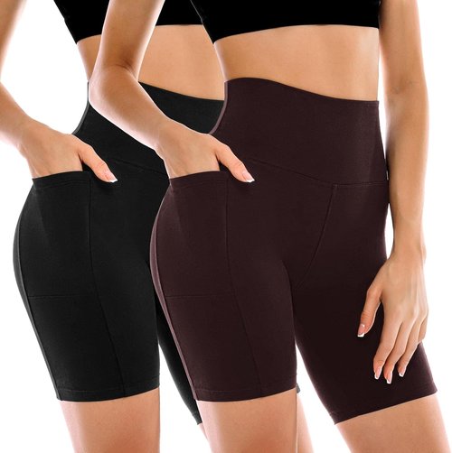 Leafigure Biker Shorts for Women - High Waisted with Pockets | 2 Pack for Gym & Workout