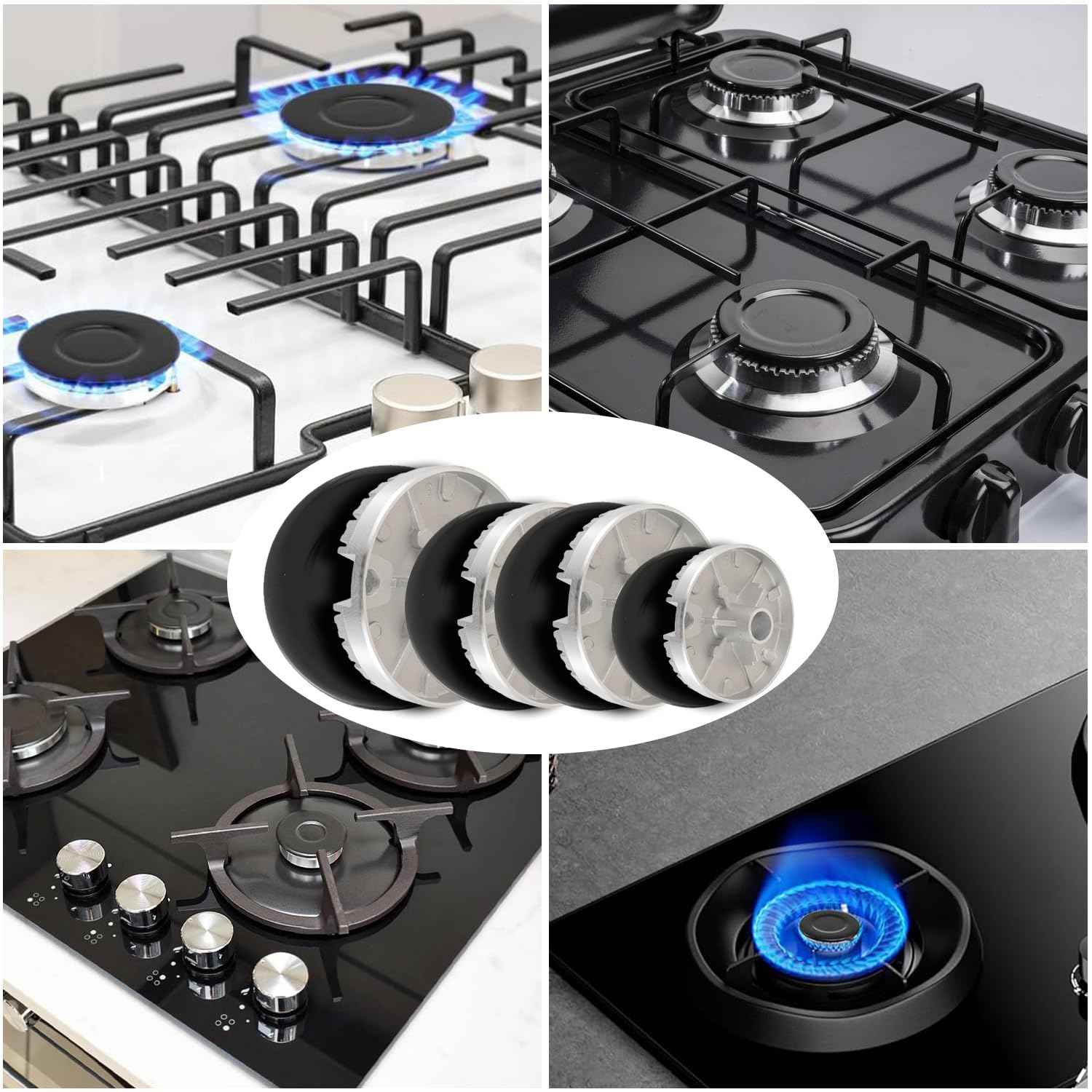 HUAREW Gas Stove Burner Caps Set, Cooker Hat Set Suitable for Most Gas Stove Burners, 1 Large, 1 Small, 2 Middle