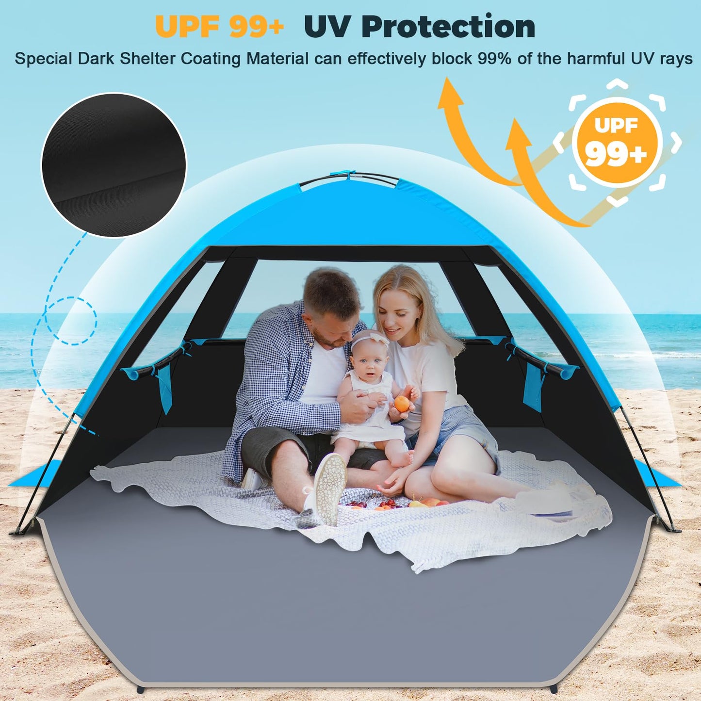 Venustas Beach Tent Sun Shelter for 3/4/6/8 Person, UPF 50+ UV Protection Beach Canopy, Lightweight and Easy Setup Cabana, Portable Shade Tent