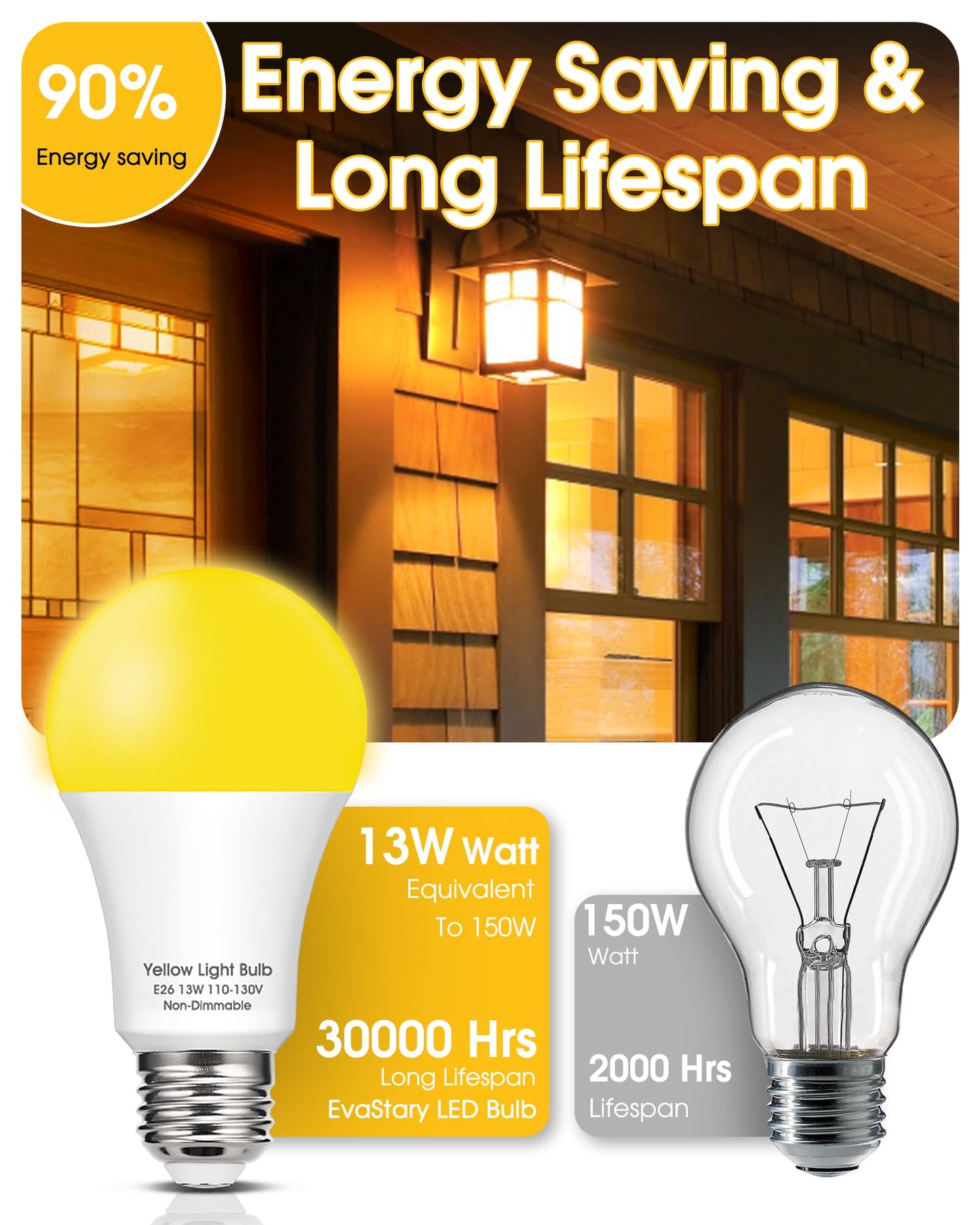 Yellow Bug Light Bulbs Outdoor, 150W Equivalent A19 Yellow Bug Lights for Outside, 13W High Brightness 1800K for Porch Lights, Not-Dimmable A19 Bulb for Patio, Deck, Backyard, Hallway, 2 Pack