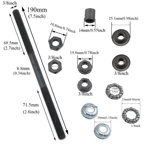 Meuey Lyot Bicycle axle 190mm/7.48inch Bicycle Ball Bearing Retainer Bike Hub Cups Bicycle hub Axle 3/8" Black 26tpi Hub Conical Lock nut Washer Kit 1 Set