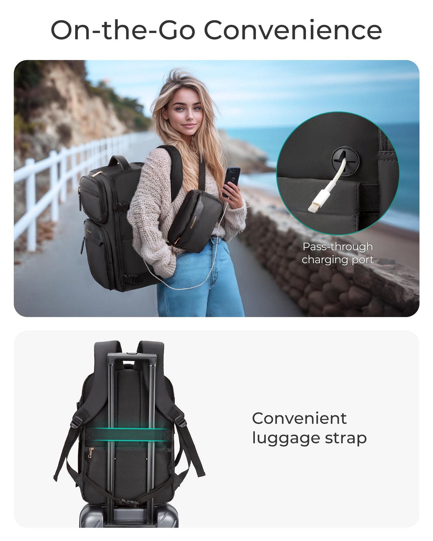 BAGSMART Womens Backpack Carry On Flight Approved, Travel Backpack for Women with Waist Bag, Traveling Lightweight Weekender Casual Daypack 17.3" Laptop Work Back pack Personal Item Travel Bag, Black