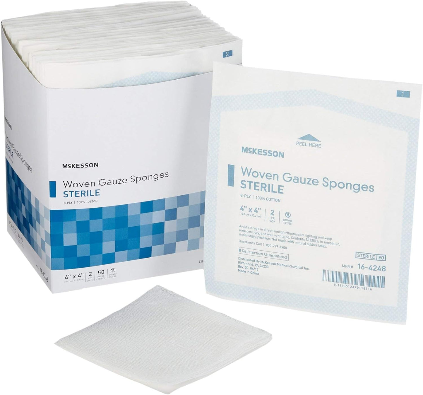 McKesson Woven Gauze Sponges - Sterile 8-Ply 100% Cotton, 4" x 4", 50 Packs of 2 Sponges Each