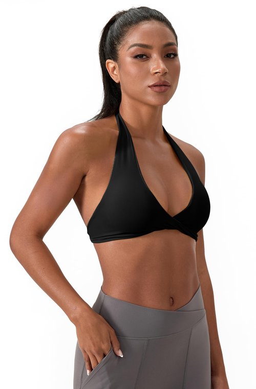 Sports Bra for Women Seamless Halter Padded Yoga Bras Open Back Gym Low Impact Workout Crop Tank Top Black