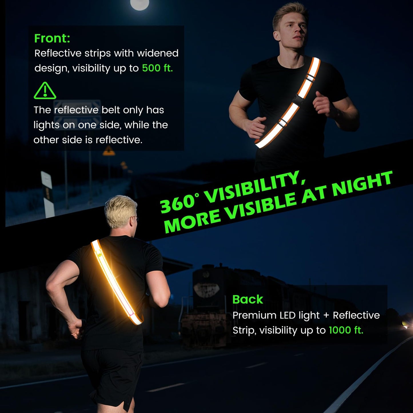 Reflective Sash Gear for Walking at Night,Flashing LED Reflective Belt Safety Lights for Walkers Night Dog Walking Biking Running,High Visibility Rechargeable With Wear 2 Ways for Men Women (Orange)