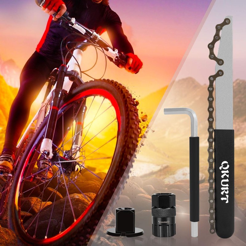 QKURT Chain Whip Tool Kit, Bicycle Cassette Removal Tool+Auxiliary Wrench+Cassette Lockring Tool with Pin+Sprocket Remover-Black