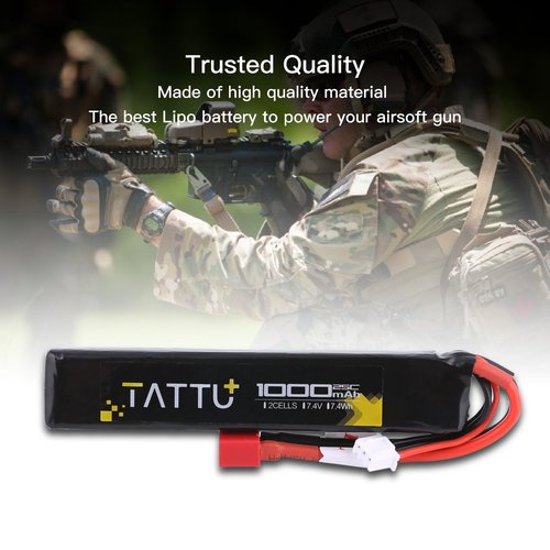 Tattu 7.4V Airsoft LiPO Battery with T Connector, 1000mAh 25C 2S Battery Pack for Airsoft Gu-ns