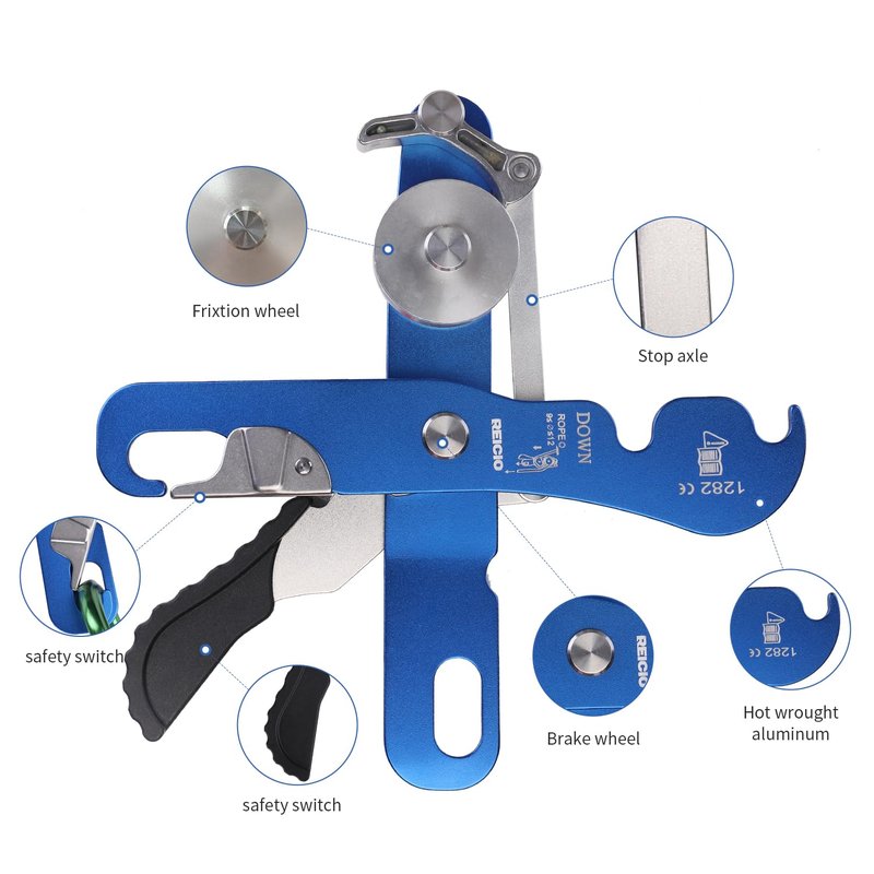 REISIO Climbing Stop Descender for 9-12mm,Self-Braking Self Locking Belay Device Rescue Equipment Hand Controls with Mountain Climbing Cave Rappelling Aerial Work Rescue Activities (Blue)
