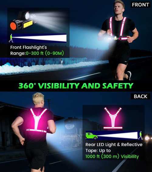 Hoeraonr Running Lights for Runners,90°Adjustable LED Reflective Vest Running Gear,Rechargeable Chest Light Up Running Vest Night Walking Safety Gear for Night Walking/Cycling/Jogging