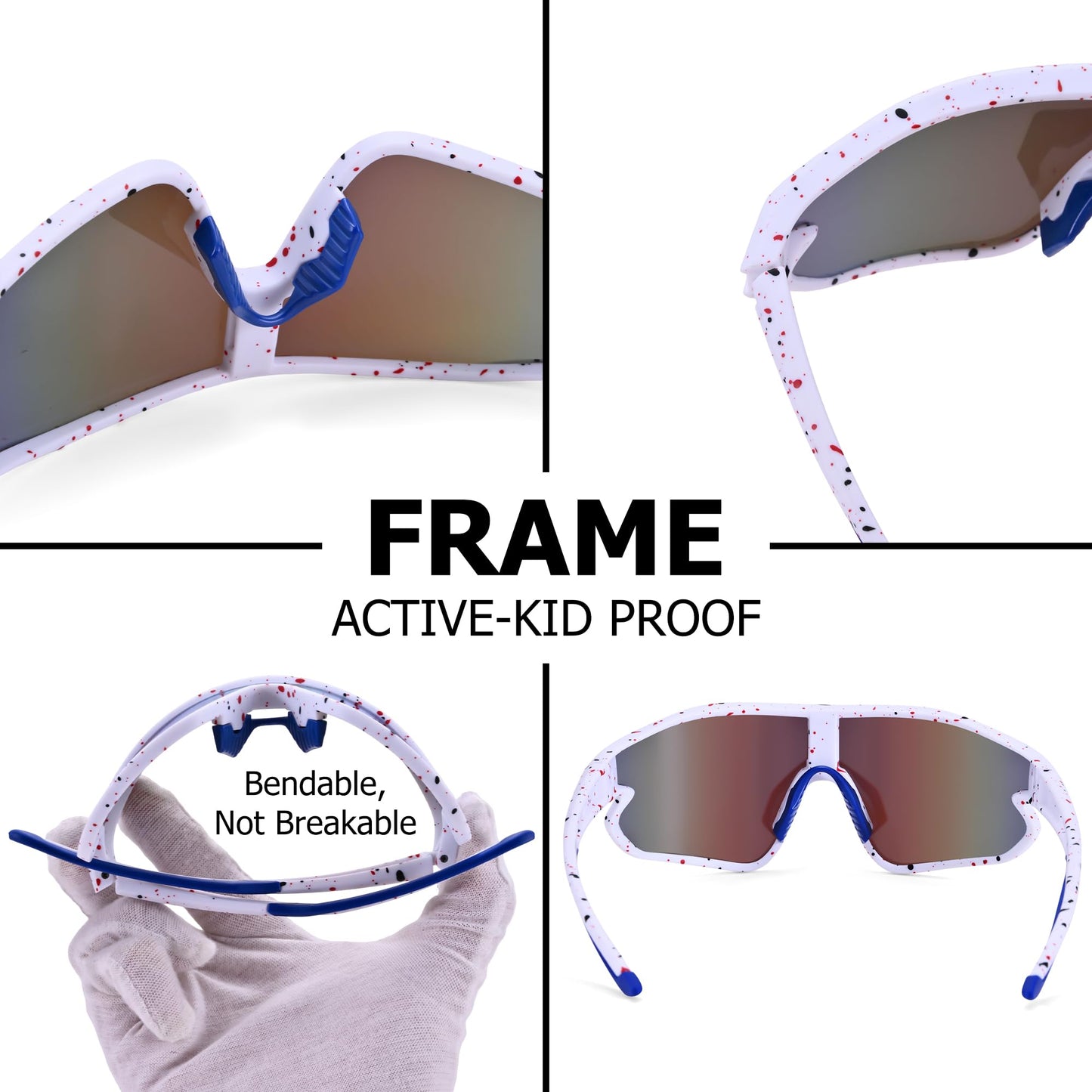 GLARDEFE Kids Baseball Sunglasses - Youth Baseball Sunglasses for Boys Girls - Sports Softball Shades Age 6-14(White/Blue Mirror + Red/Orange Mirror)