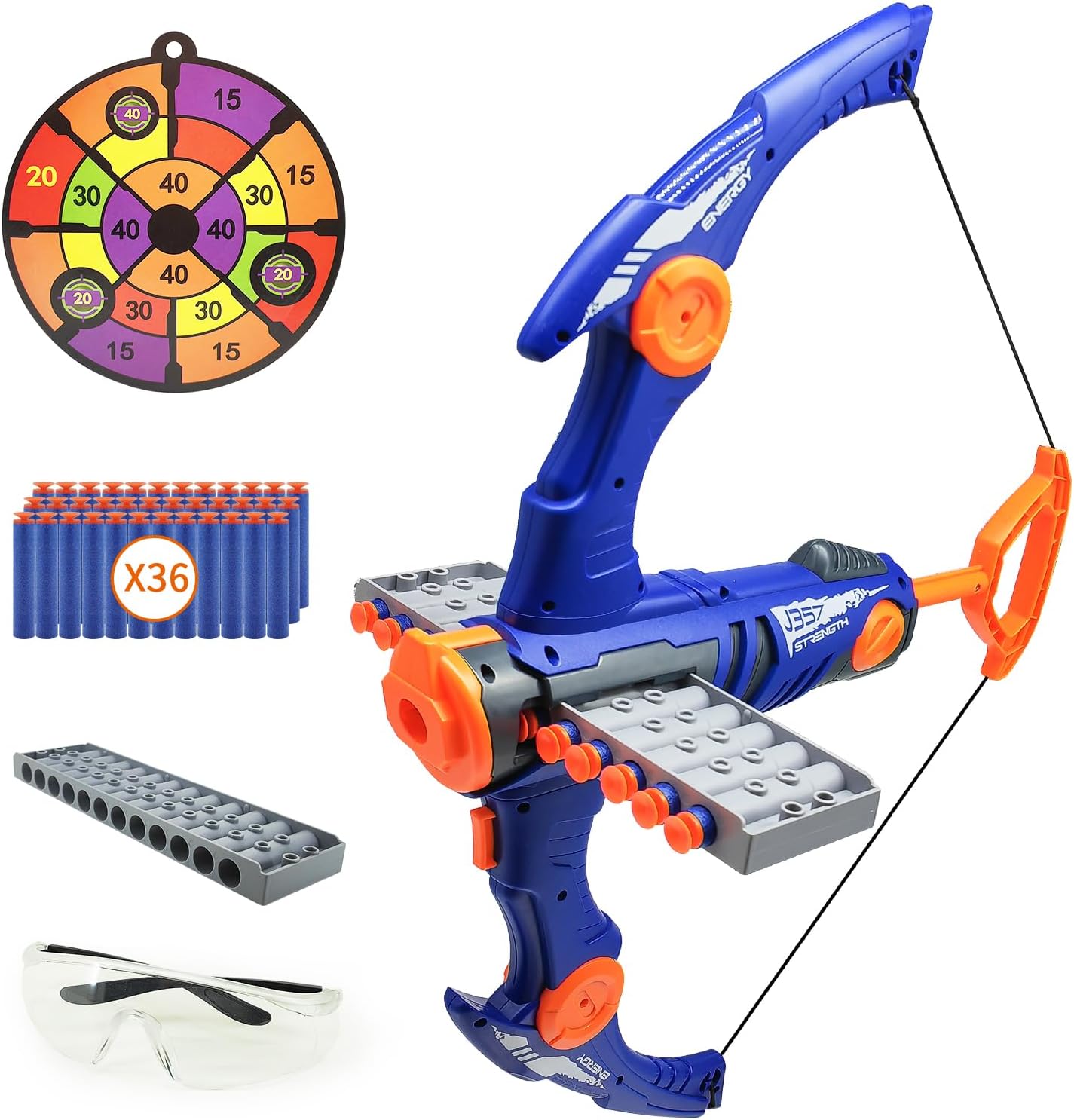 Skiennix Toy Bow and Arrow Set - 12-Dart Clip Foam Archery with 36 Darts, Goggles & Target | Blue Birthday Gift