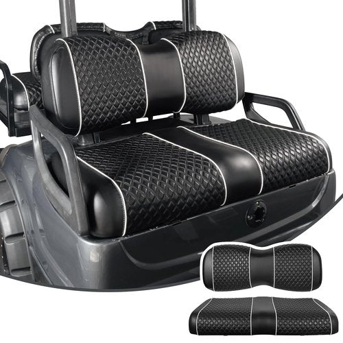 NOKINS Golf Cart Seat Covers Fit for Yamaha Drive/Drive2 OEM Standard Front Seat Cushion, Backrest Vinyl Leather Litte Diamond Seat Covers, No Stapler Required (Black&White Piping)