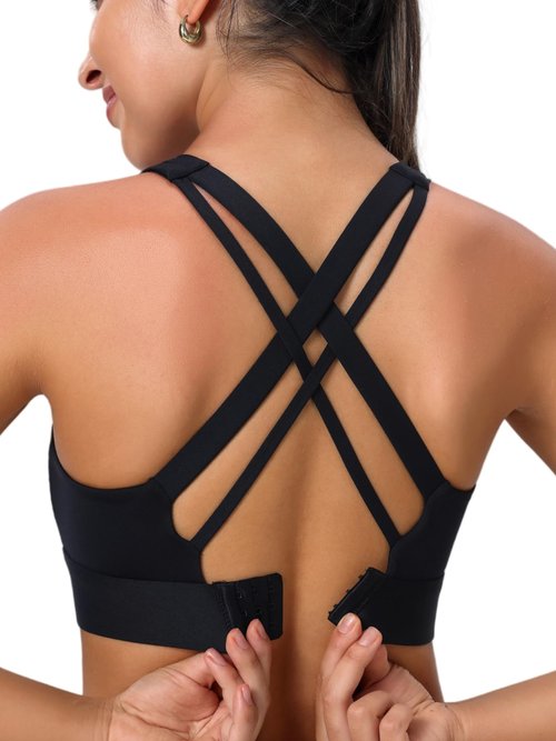 High Support Sports Bra for Women High Impact Womens Sports Bras Adjustbale Back Closure Molded Cup Cross Back Running Workout Bra Black