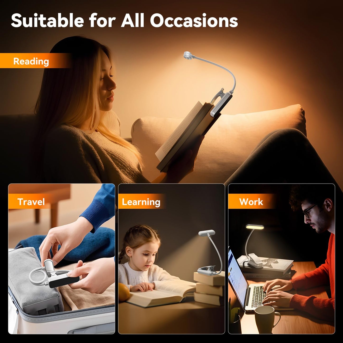 20 LED Rechargeable Book Light for Reading in Bed, Eye Caring 3 Color Temperatures, Adjustable Brightness, 100H Runtime, Durable & Lightweight, Portable Clip On Reading Light for Study, Travel