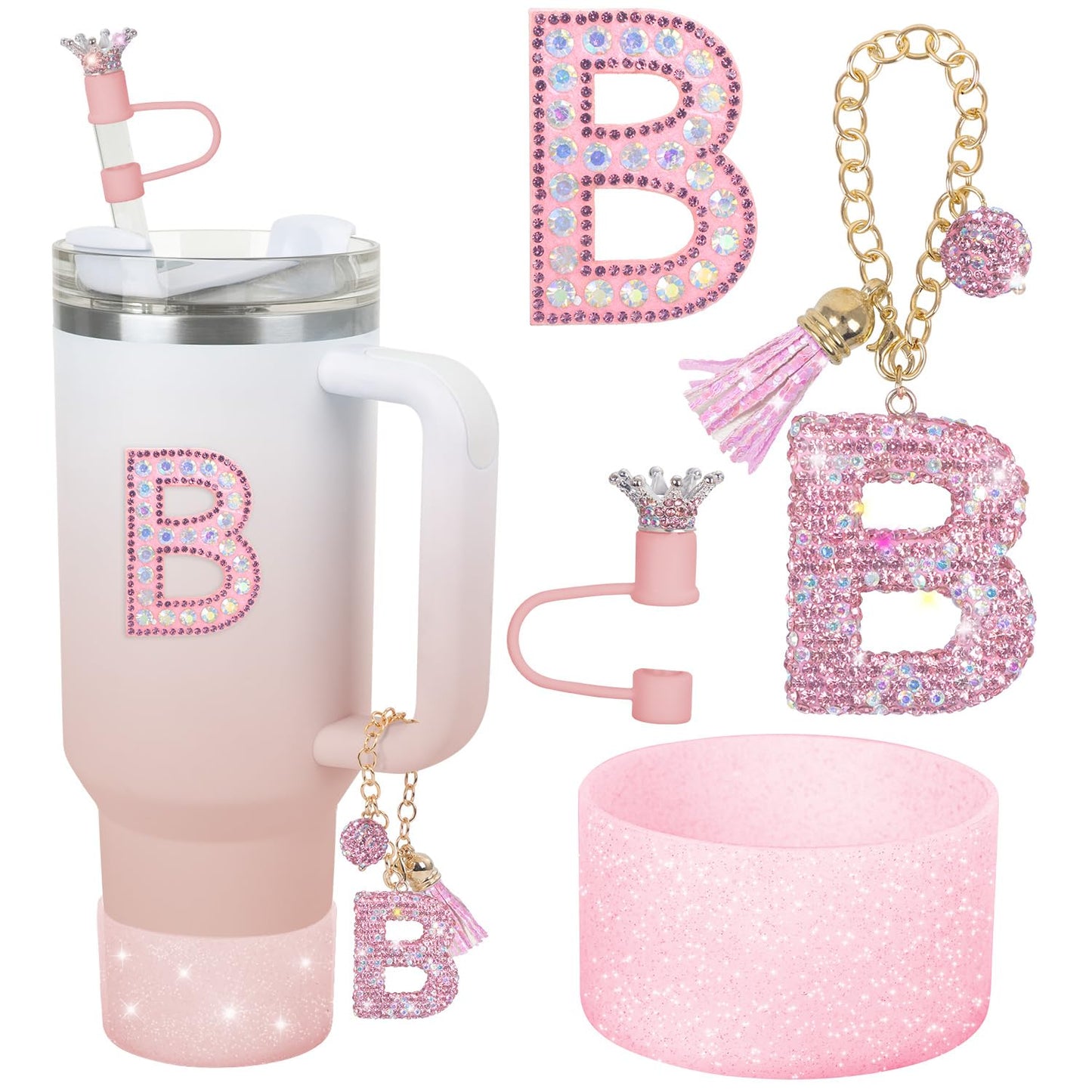 JUNIQUTE Pink Diamond Letter Charms Accessories For Handle Set,Bottom Protector for 40oz 30oz Stanley Cup Diamond Crown Straw Cover & Sticker (M)