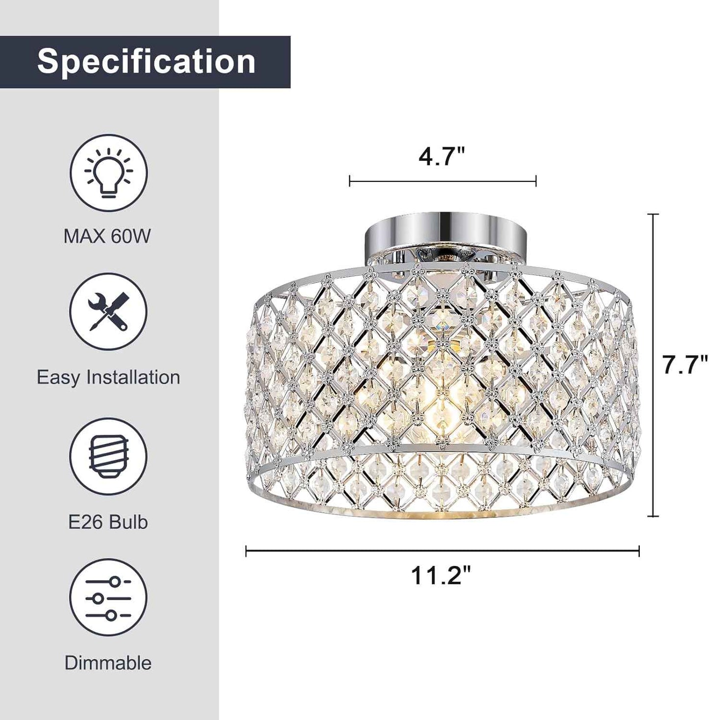 Modern Black Crystal Semi Flush Mount Ceiling Light Fixture - 11.2" Round Chandelier for Dining Room, Hallway, Kitchen & Bedroom