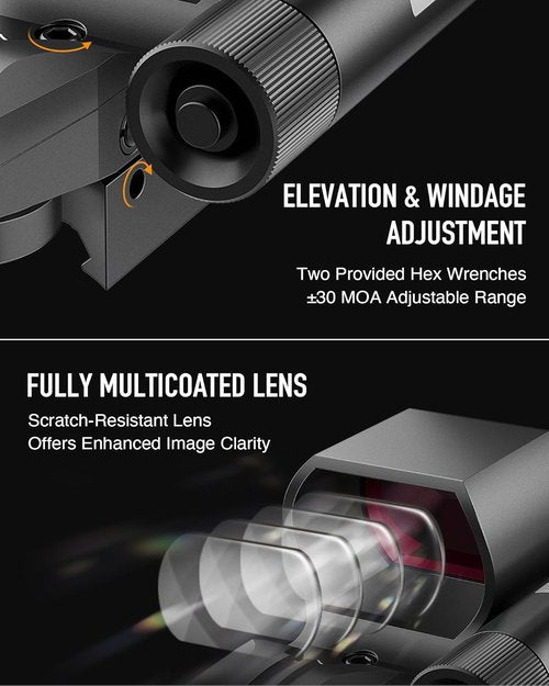 HIRAM Reflex Sight - 2 MOA Red Dot Sight with Green Laser | 4 Reticle Patterns & 8 Brightness Settings for Tactical Use