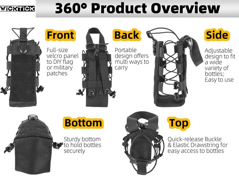 WICKTICK Molle Water Bottle Holder Pouch 16 24 32 40 64 oz - Multi-Purpose Tactical Fuel Bottle Bag, Adjustable Size for Outdoor Activities, Adapted to Backpack/Vest/Belt (Black, Classic)
