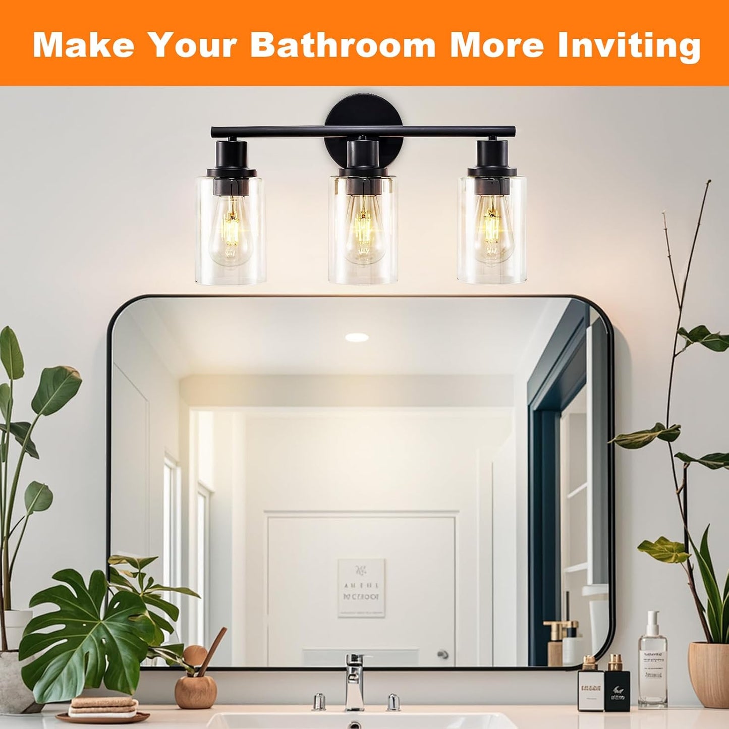 Modern Black 3-Light Bathroom Vanity Light Fixture with Clear Glass Shades - 2 Pack