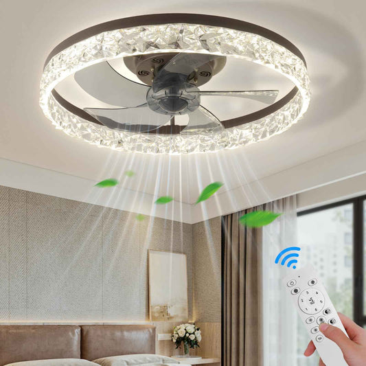 FRIXCHUR 20" Modern Ceiling Fan with Lights and Remote Dimmable Low Profile Ceiling Fans Flush Mount Led Ceiling Fan with Light for Bedroom Living Room Kitchen(Brown,6 Speeds 3 Colors Change)