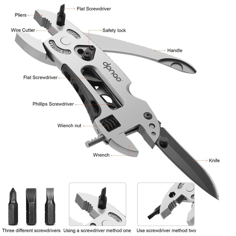 Multitool Wrench adjustable tool/5-in-1 stainless steel multifunctional pocket tool/cross wrench/screwdriver/pliers/portable folding knife with protective cover,outdoor camping,men's Christmas gift