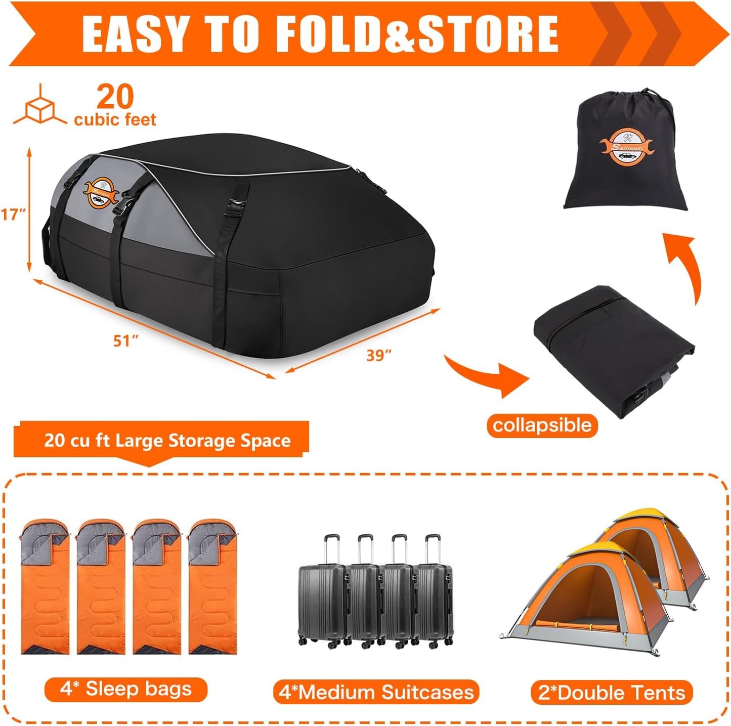 Sailnovo Rooftop Cargo Carrier - 20 Cubic Feet Waterproof Roof Bag with 6 Tie-Down Straps | Ideal for Road Trips & Camping