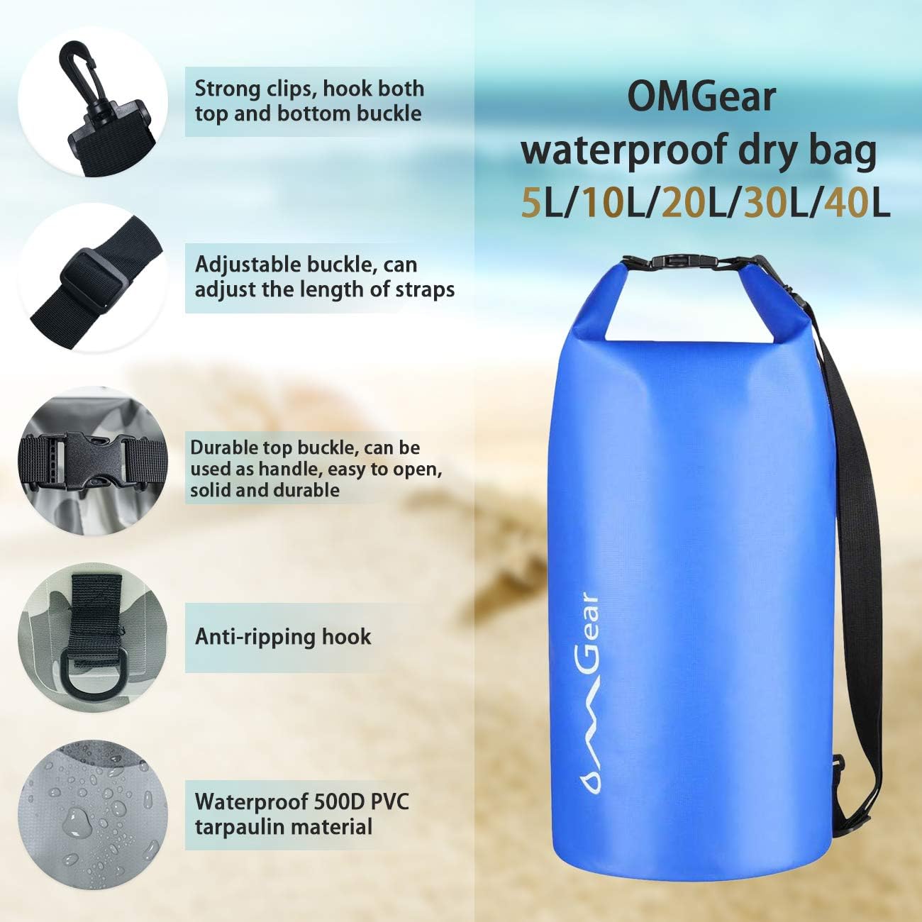 OMGear Waterproof Dry Bag Backpack - Floating Dry Sack for Kayaking & Outdoor Activities | 40L/30L/20L/10L/5L