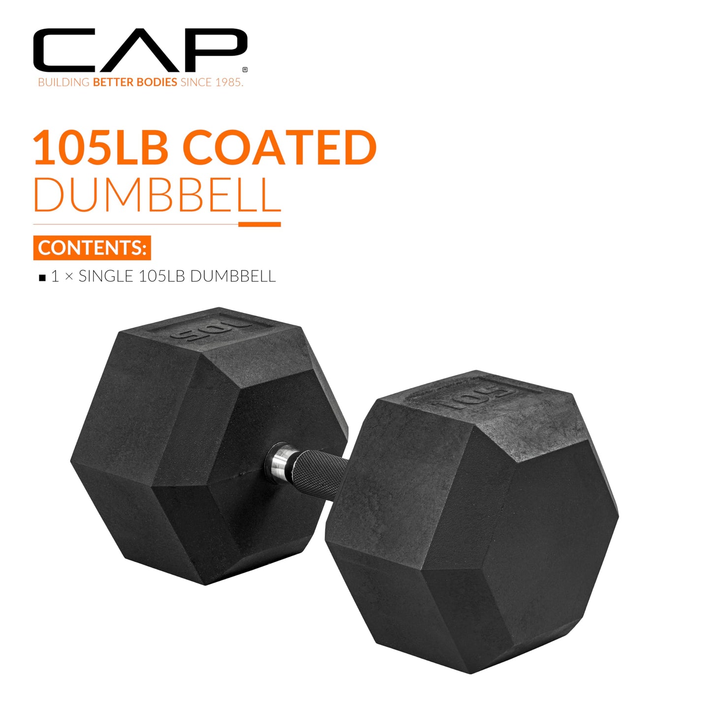 CAP 105 LB Rubber Coated Hex Dumbbell Weight, Rubber Free Weights for Home Gym Strength Training, Comfort Grip Handle, Single