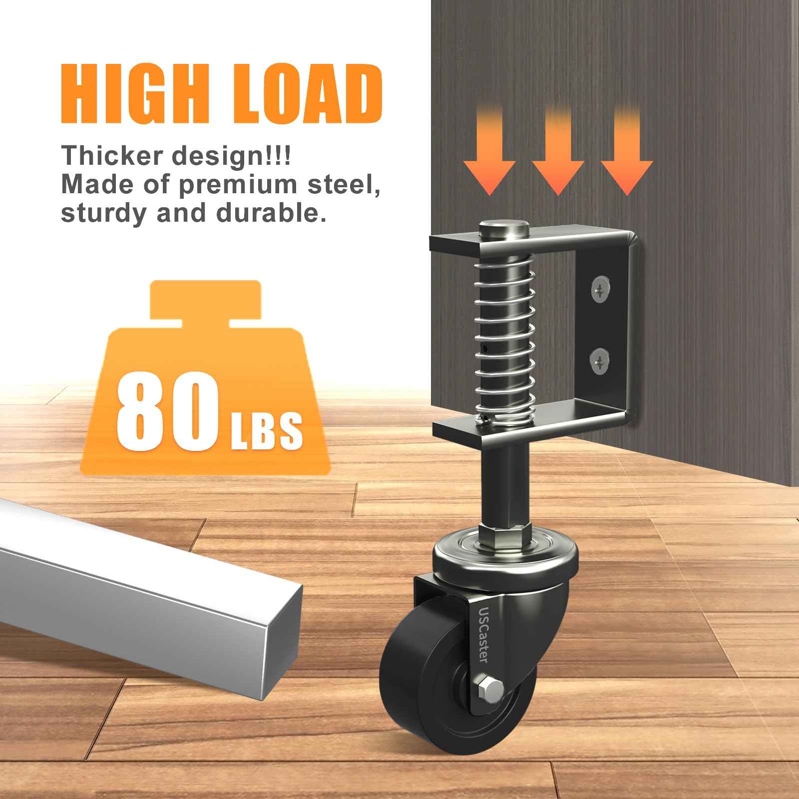 USCaster 1 Pack Gate Caster 2inch Wheel for Wooden Gates - 80lbs Capacity, 360 Rotation, Solid Rubber Tire, Spring-Loaded, Black