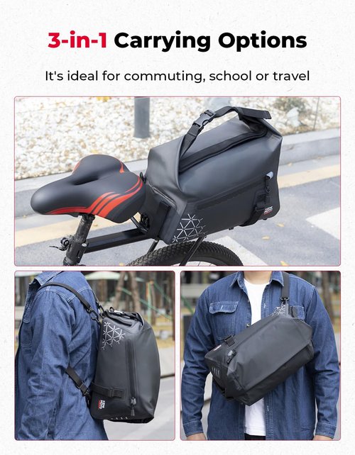 KEMIMOTO Bike Bag Full Waterproof, Bike Rear Rack Bag 16L Capacity, Bicycle Trunk with Two Shoulder Straps for Road and Mountain Cycling Travel (Black)