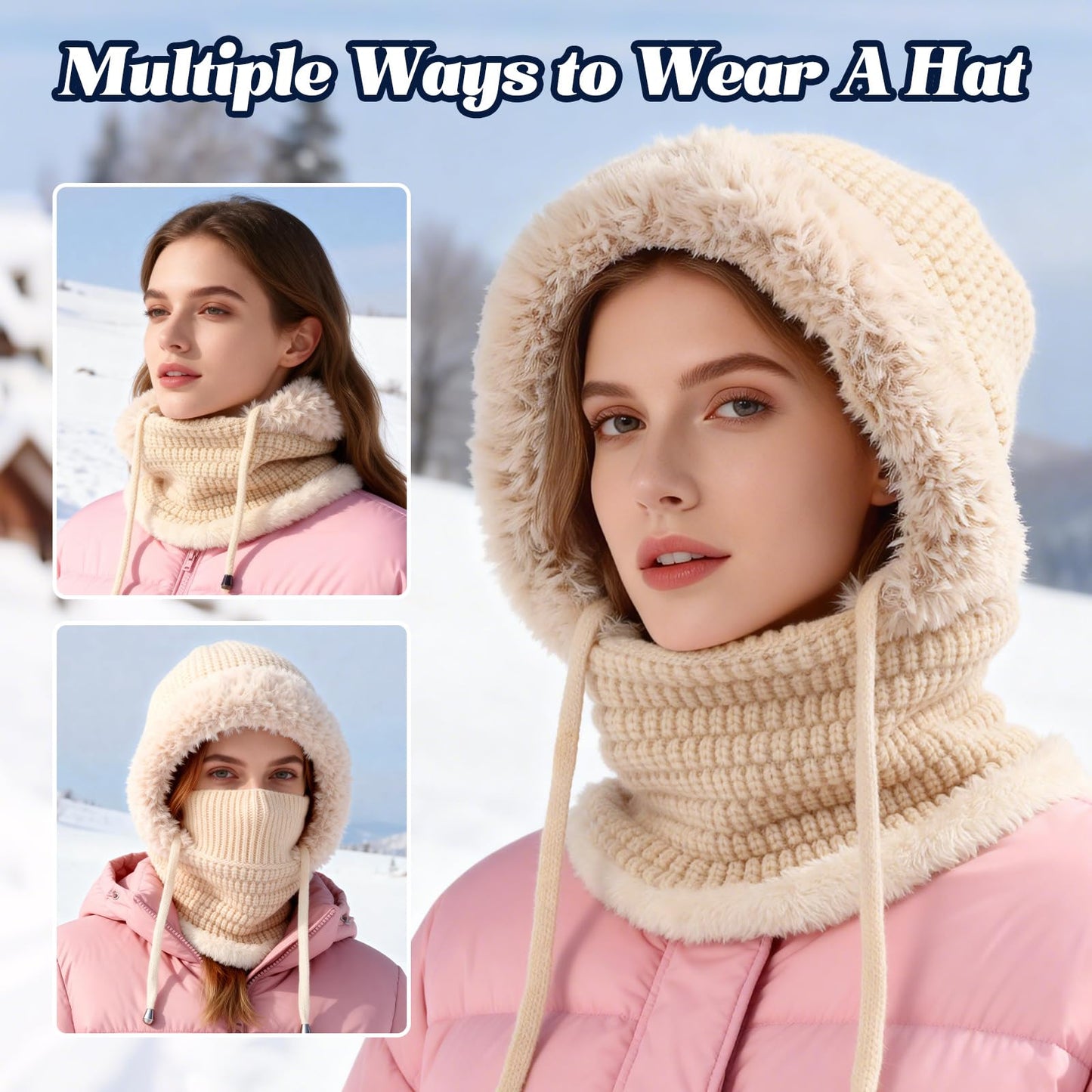 3 in 1 Beanie Hat for Women, 3 in 1 Beanie Hat with Scarf and Mask, Women's Outdoors Windproof Scarf Hat (Black)