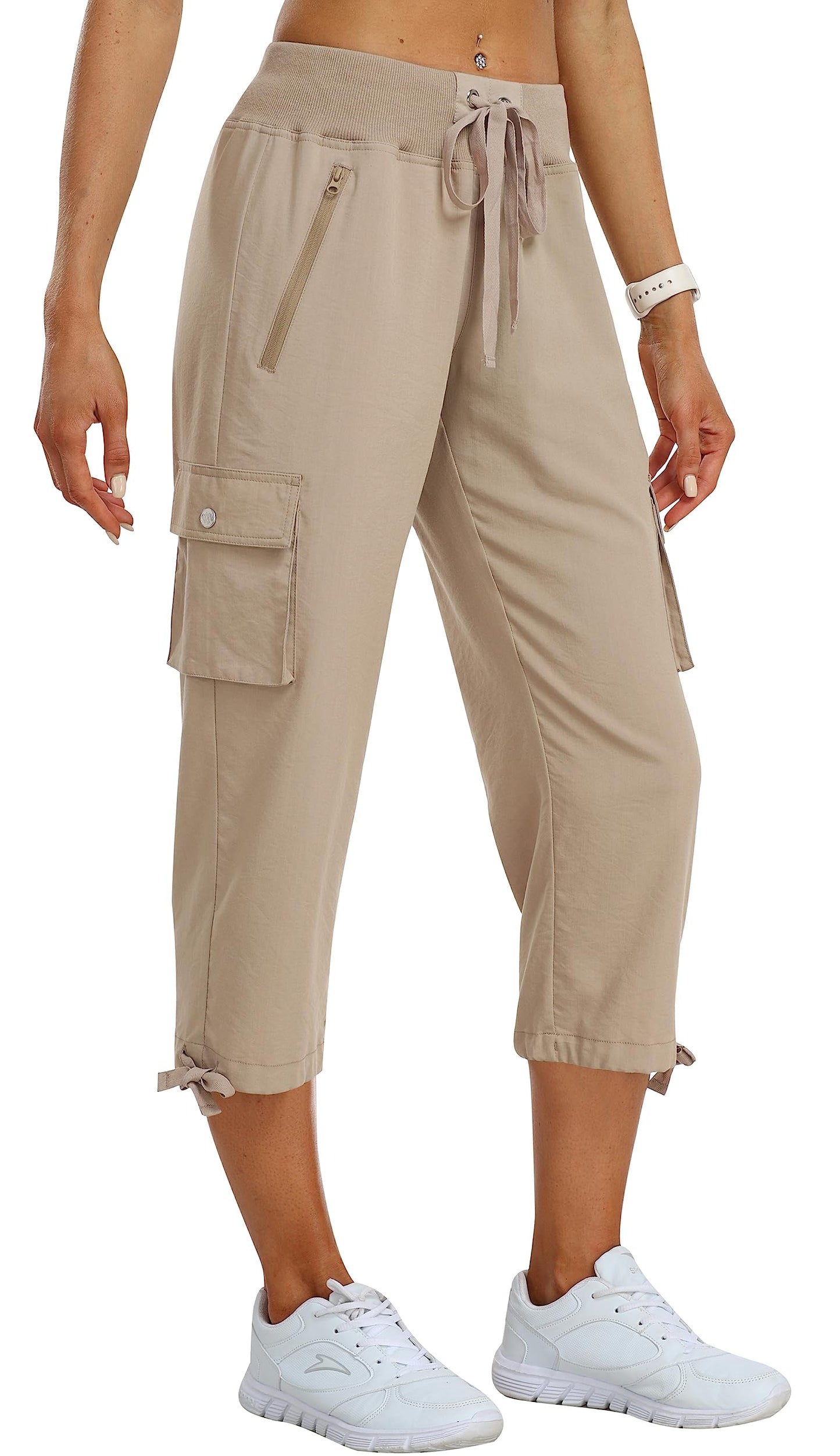 MoFiz Womens Capris with Pockets Loose Fit Casual Capri Pants Lightweight Ladies Cargo Pants for Hiking Khaki XL