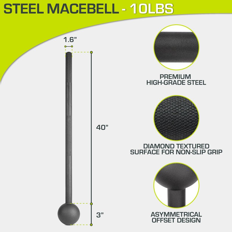 ProsourceFit Steel Macebell, Heavy Duty Steel Mace, Workout Mace with Non-Slip Grip for Gada, Strength and Core Training, 10lb