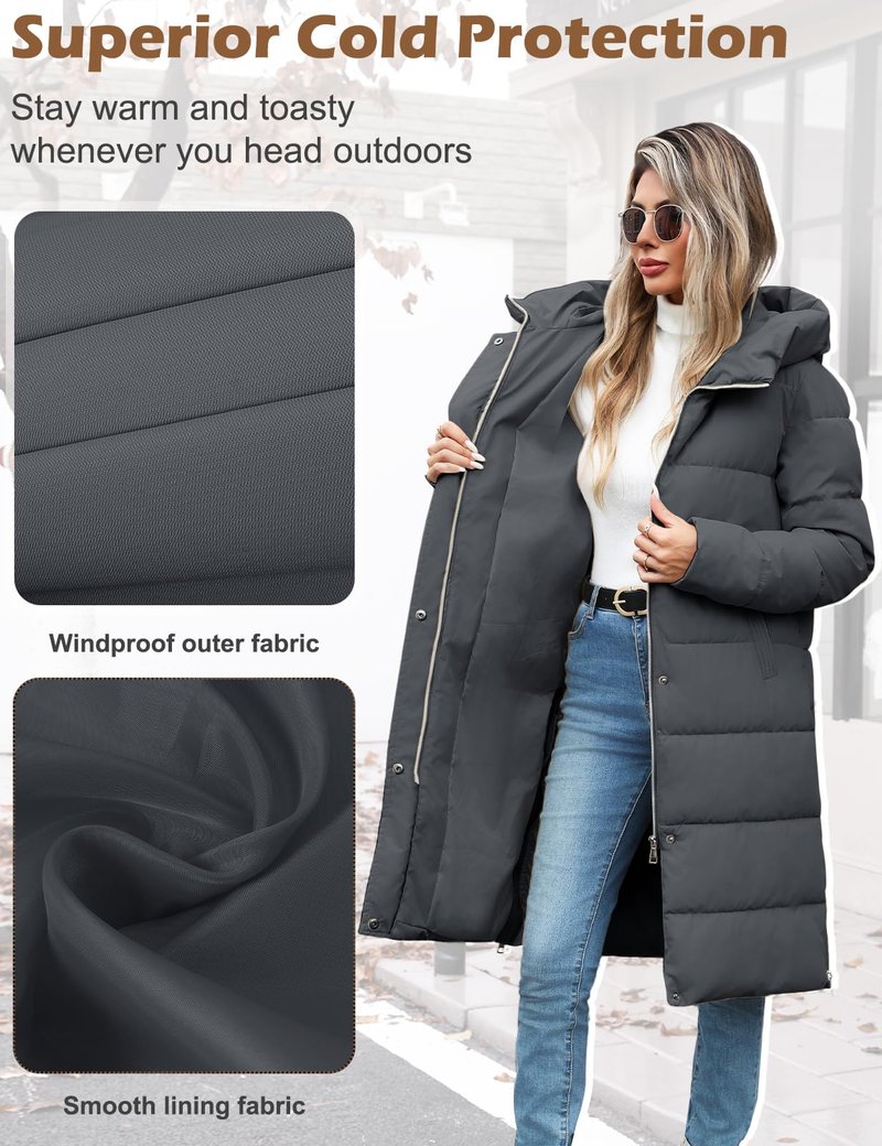 VXVGER Winter Coats for Women-Puffer Jacket Hooded Warm Winter Long Coat Thickened Down Alternative Jacket Outwear, Dark Gray, XL
