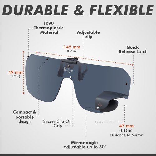 TriEye View Clip On Sunglasses with Rear View Mirror – Clip On Sunglasses Over Prescription Glasses, Flip Up Cycling Eyewear for Men & Women – Polarized Smoke, 145mm Fit