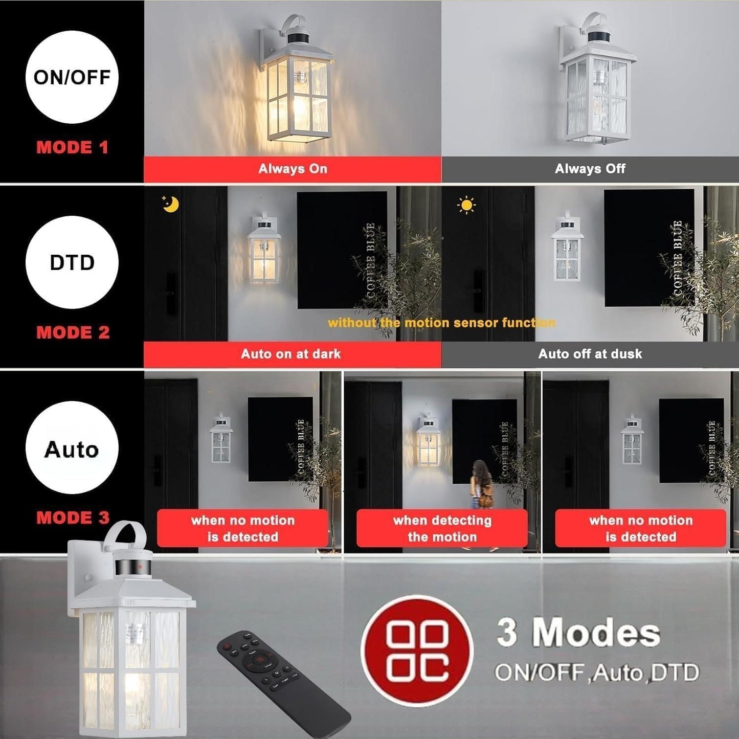 Motion Sensor Outdoor Wall Light - Dusk to Dawn Black Porch Fixture for Garage & Patio